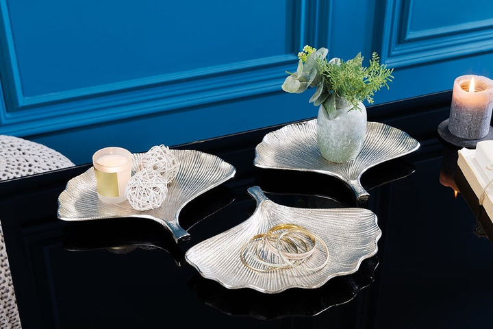 Bols décoratifs set de 3 GINKGO 30cm métal argenté fait main - 41780