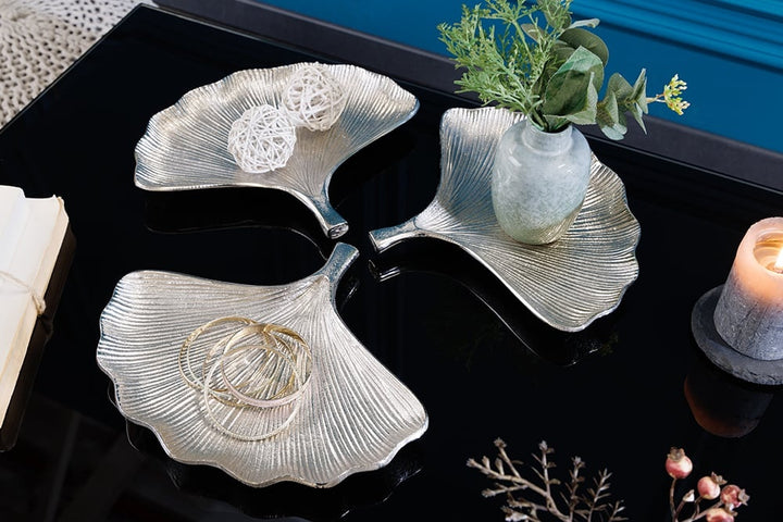 Bols décoratifs set de 3 GINKGO 30cm métal argenté fait main - 41780