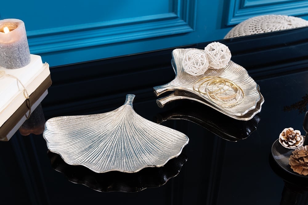 Bols décoratifs set de 3 GINKGO 30cm métal argenté fait main - 41780