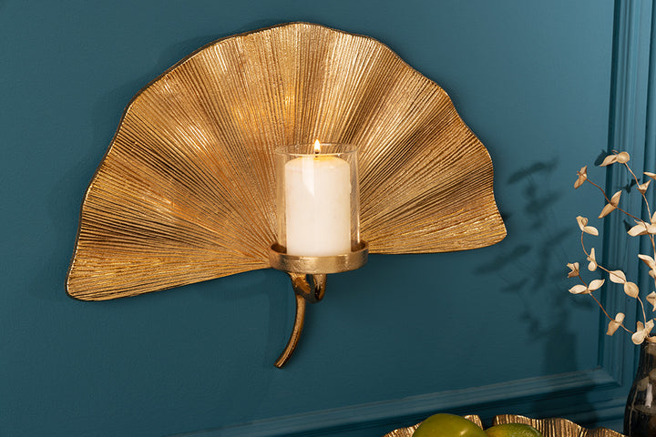 Bougeoir décoratif GINKGO 44cm photophore en métal doré fait main pour le mur - 41781