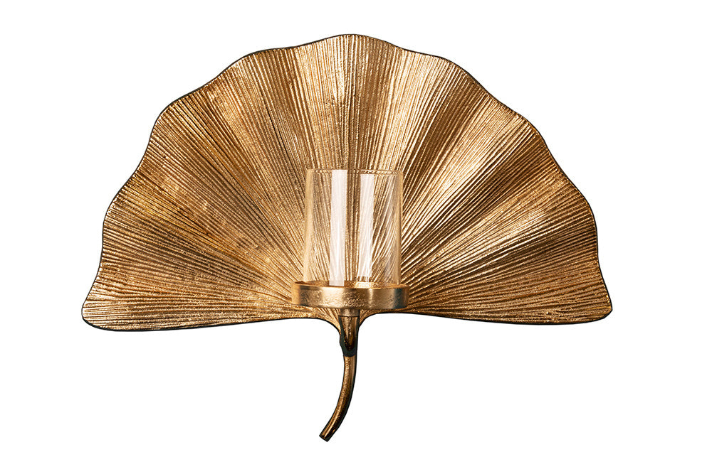 Bougeoir décoratif GINKGO 44cm photophore en métal doré fait main pour le mur - 41781