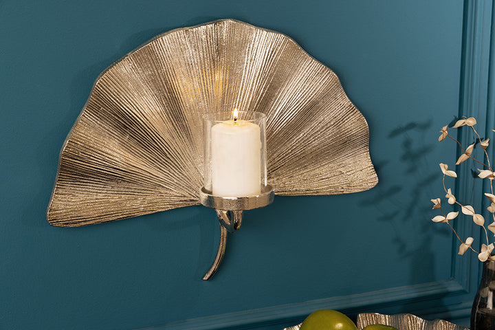 Bougeoir décoratif GINKGO 44cm photophore en métal argenté fait main pour le mur - 41782