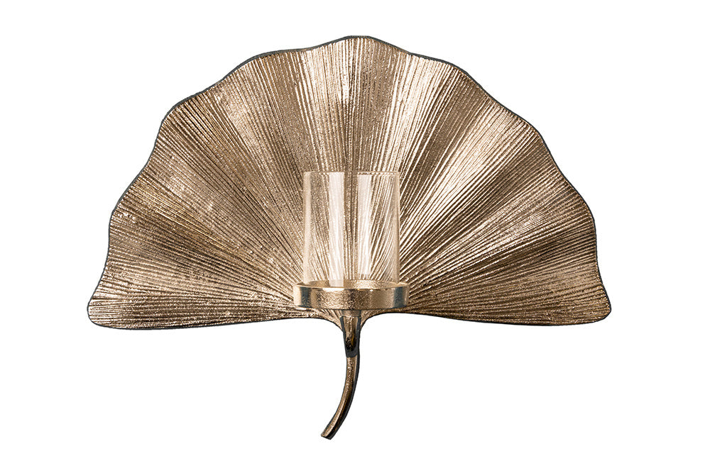 Bougeoir décoratif GINKGO 44cm photophore en métal argenté fait main pour le mur - 41782
