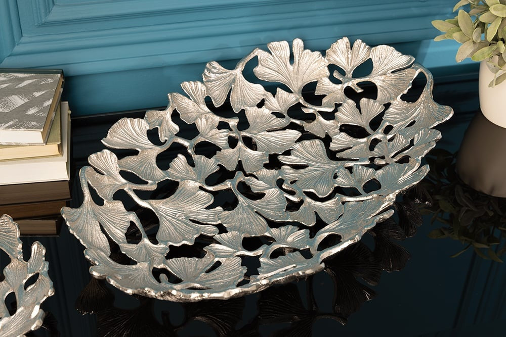 Bol décoratif FEUILLES DE GINKGO 50cm métal argenté fait main - 41794