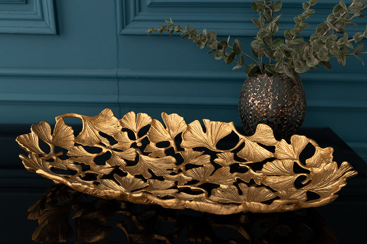 Bol décoratif FEUILLES DE GINKGO 40cm métal doré fait main - 41795