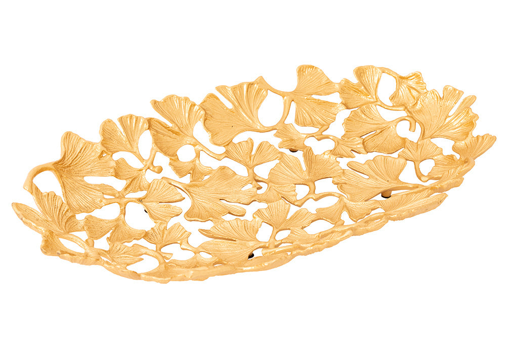 Bol décoratif FEUILLES DE GINKGO 40cm métal doré fait main - 41795