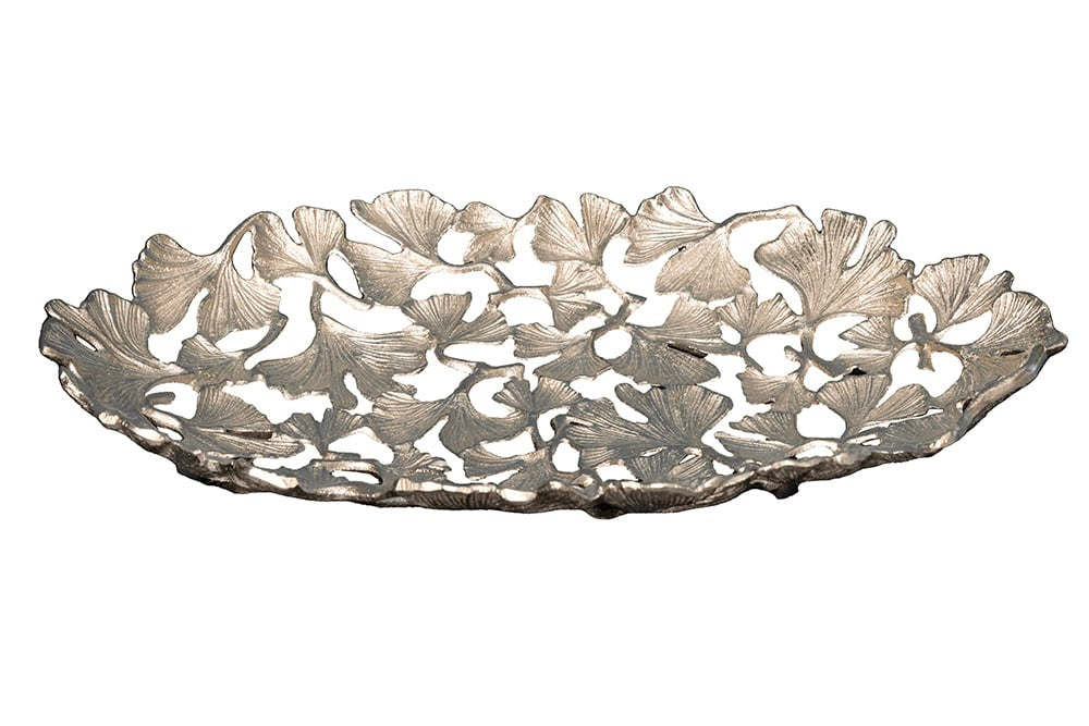 Bol décoratif FEUILLES DE GINKGO 40cm métal argenté fait main - 41796