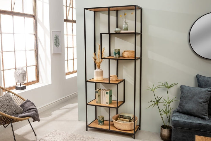 bibliothèque industrielle SLIM LINE 185cm chêne sauvage noir six étagères - 42022