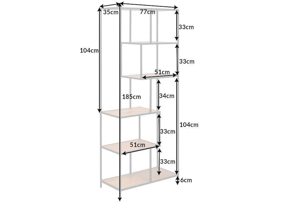 bibliothèque industrielle SLIM LINE 185cm chêne sauvage noir six étagères - 42022