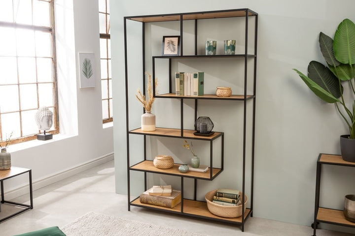 bibliothèque industrielle SLIM LINE 185x114cm chêne sauvage noir six étagères - 42024