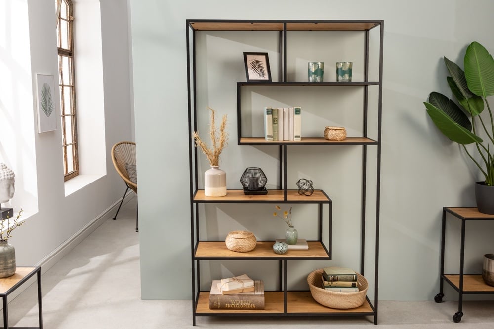 bibliothèque industrielle SLIM LINE 185x114cm chêne sauvage noir six étagères - 42024