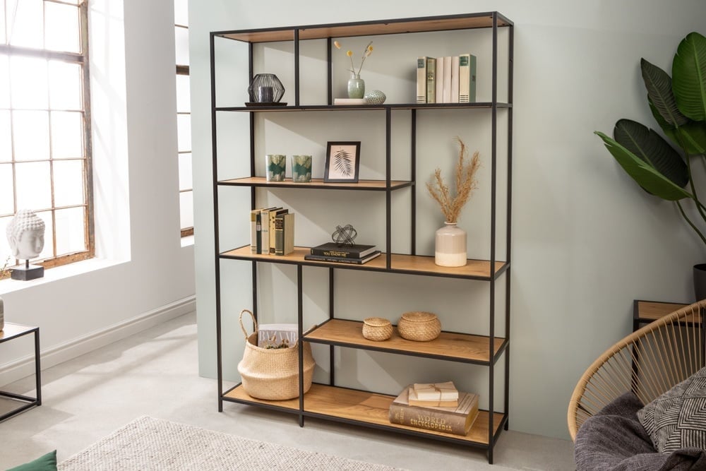bibliothèque industrielle SLIM LINE 185x135cm chêne sauvage noir six étagères - 42026