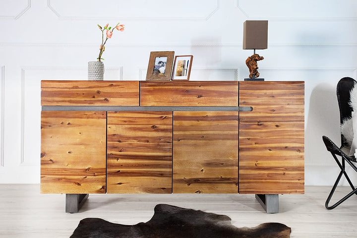 Buffet massif GENESIS 170cm bois d'acacia flammé marron métal design industriel - 42075
