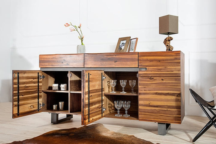Buffet massif GENESIS 170cm bois d'acacia flammé marron métal design industriel - 42075