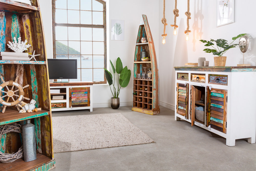 Buffet unique JAKARTA 160cm manguier blanc coloré en bois massif recyclé provenant de bateaux de pêche - 42145