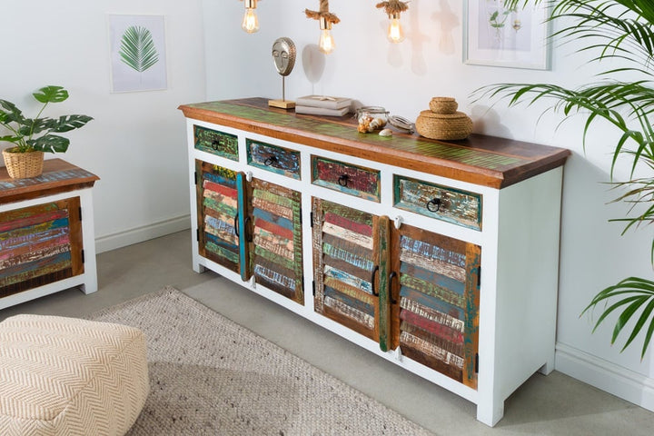 Buffet unique JAKARTA 160cm manguier blanc coloré en bois massif recyclé provenant de bateaux de pêche - 42145