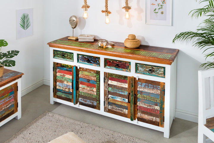 Buffet unique JAKARTA 160cm manguier blanc coloré en bois massif recyclé provenant de bateaux de pêche - 42145
