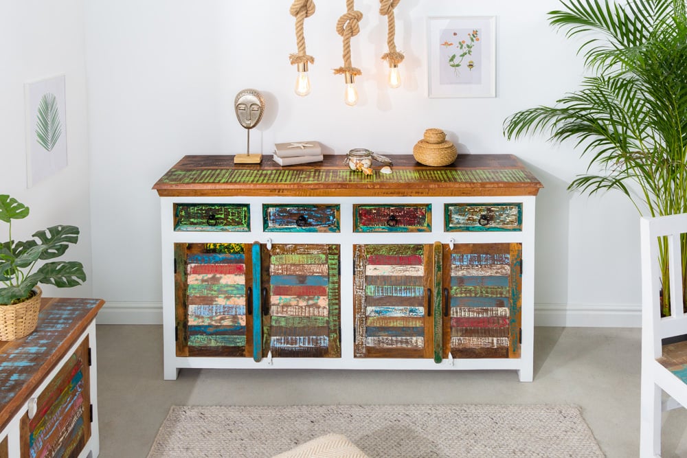 Buffet unique JAKARTA 160cm manguier blanc coloré en bois massif recyclé provenant de bateaux de pêche - 42145
