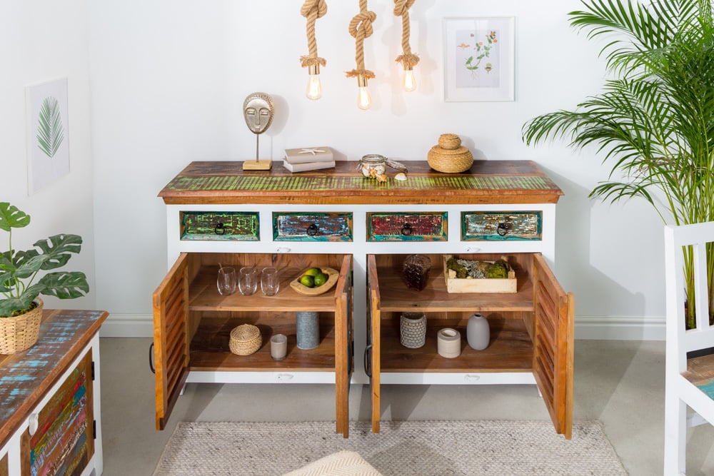 Buffet unique JAKARTA 160cm manguier blanc coloré en bois massif recyclé provenant de bateaux de pêche - 42145