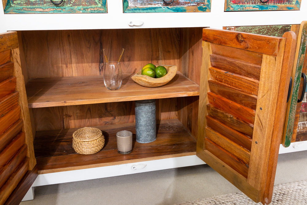 Buffet unique JAKARTA 160cm manguier blanc coloré en bois massif recyclé provenant de bateaux de pêche - 42145