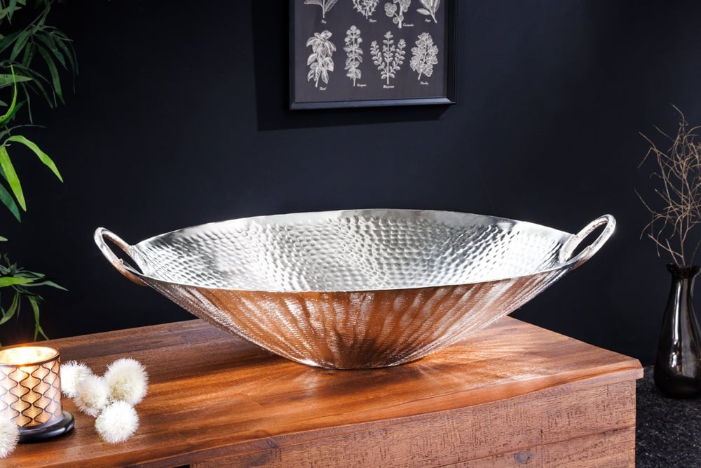 Bol décoratif fait main ORIENT 55cm en métal argenté design martelé - 42236
