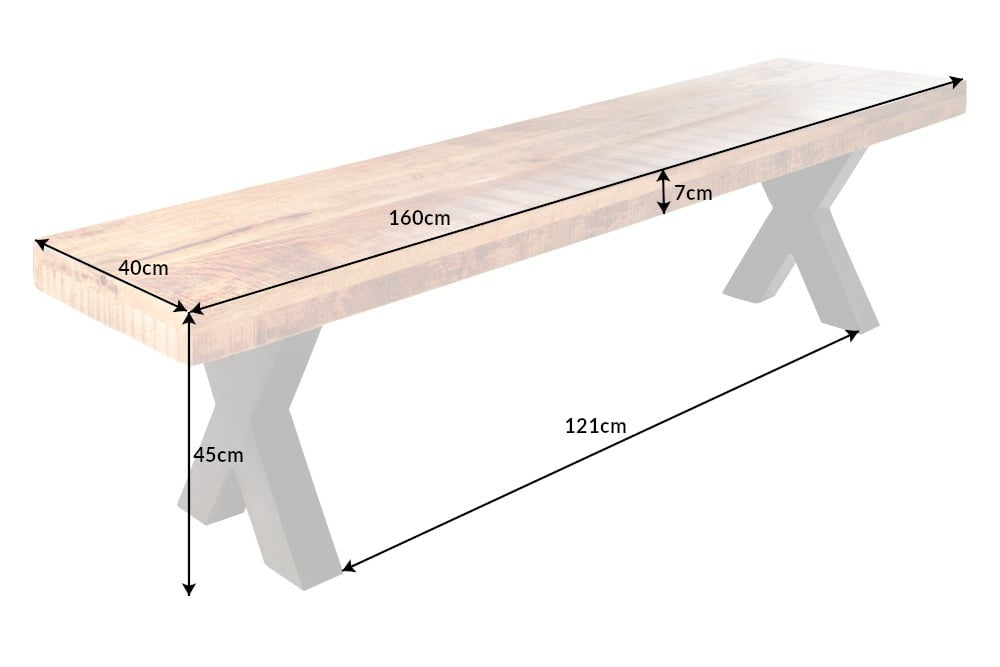 banc industriel IRON CRAFT 160cm en bois de manguier avec pieds en X noirs - 42339