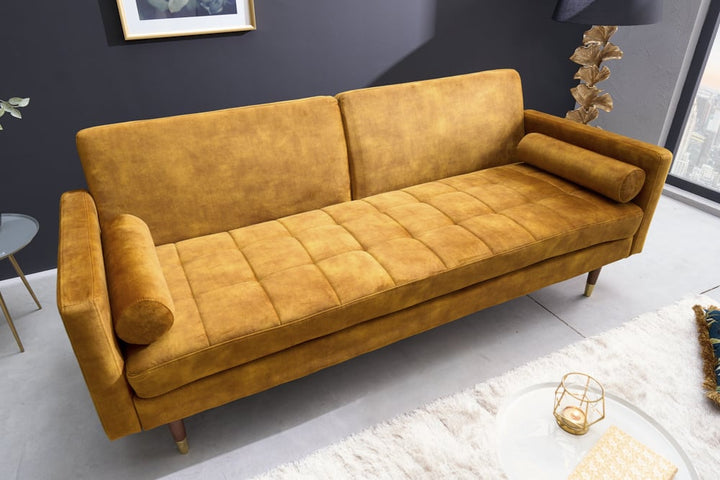Canapé lit moderne COUTURE 196 cm microvelours jaune moutarde Fonction lit 3 places avec coussin - 42490
