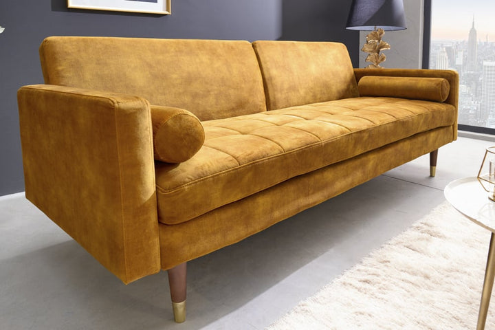 Canapé lit moderne COUTURE 196 cm microvelours jaune moutarde Fonction lit 3 places avec coussin - 42490