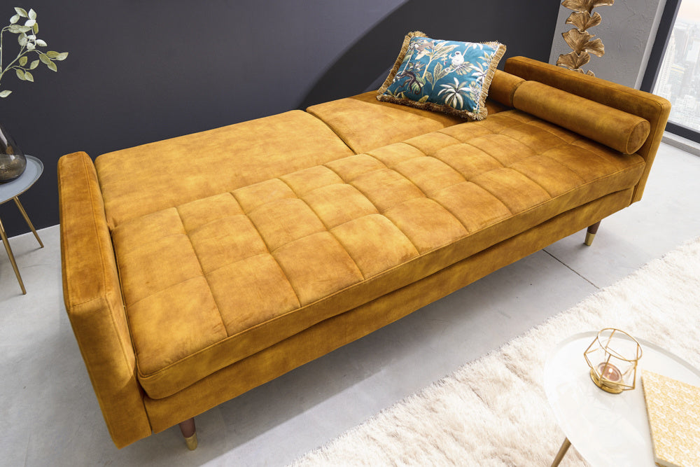 Canapé lit moderne COUTURE 196 cm microvelours jaune moutarde Fonction lit 3 places avec coussin - 42490