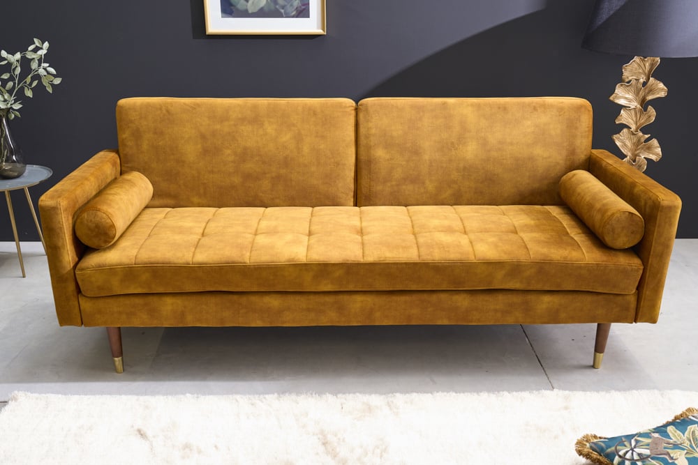 Canapé lit moderne COUTURE 196 cm microvelours jaune moutarde Fonction lit 3 places avec coussin - 42490