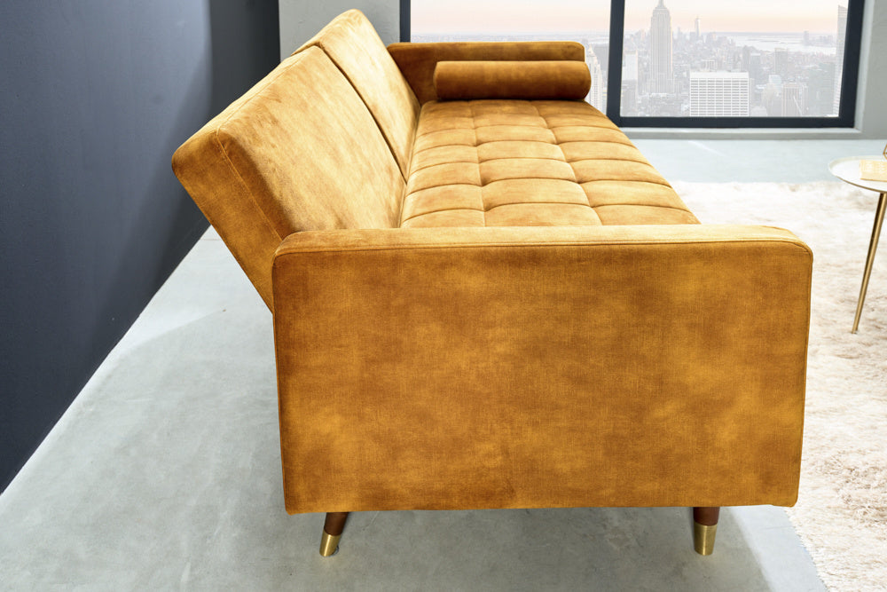 Canapé lit moderne COUTURE 196 cm microvelours jaune moutarde Fonction lit 3 places avec coussin - 42490