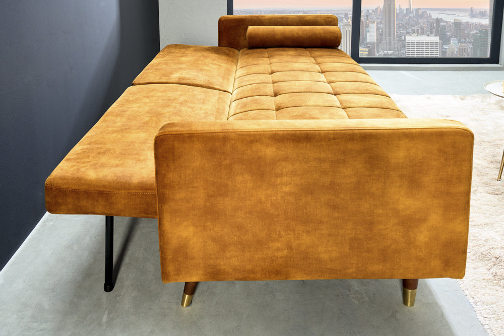 Canapé lit moderne COUTURE 196 cm microvelours jaune moutarde Fonction lit 3 places avec coussin - 42490