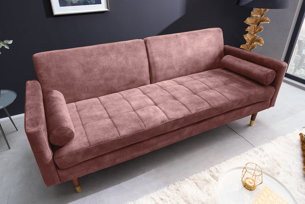 Canapé-lit moderne COUTURE 196cm vieux rose microvelours Canapé-lit 3 places fonction coussin inclus - 42495