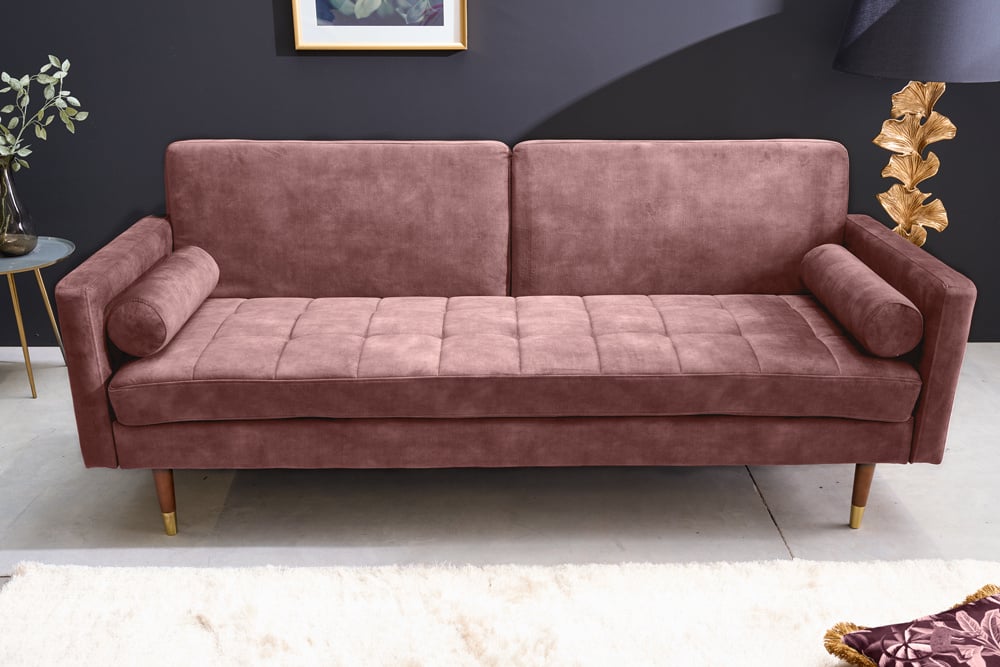 Canapé-lit moderne COUTURE 196cm vieux rose microvelours Canapé-lit 3 places fonction coussin inclus - 42495