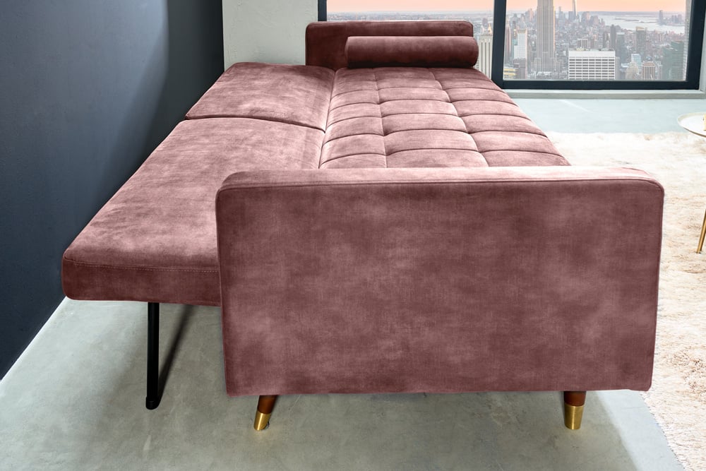 Canapé-lit moderne COUTURE 196cm vieux rose microvelours Canapé-lit 3 places fonction coussin inclus - 42495