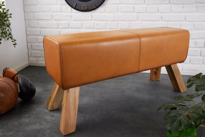 Canapé design TURNBOCK 100cm cuir véritable cognac tabouret rétro en manguier - 42698