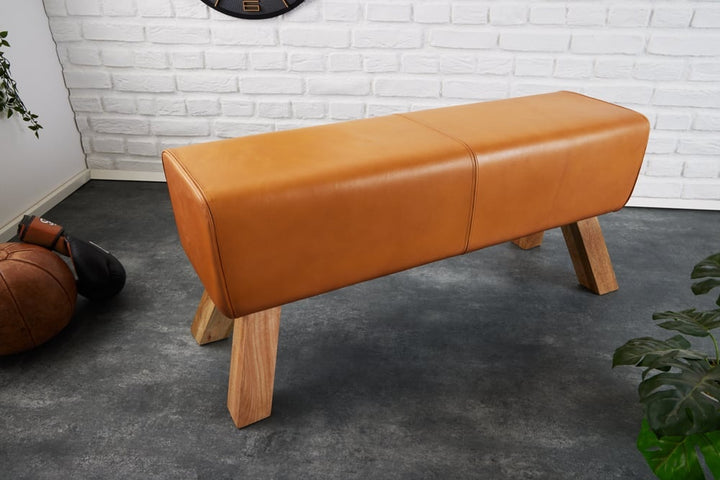 Canapé design TURNBOCK 100cm cuir véritable cognac tabouret rétro en manguier - 42698