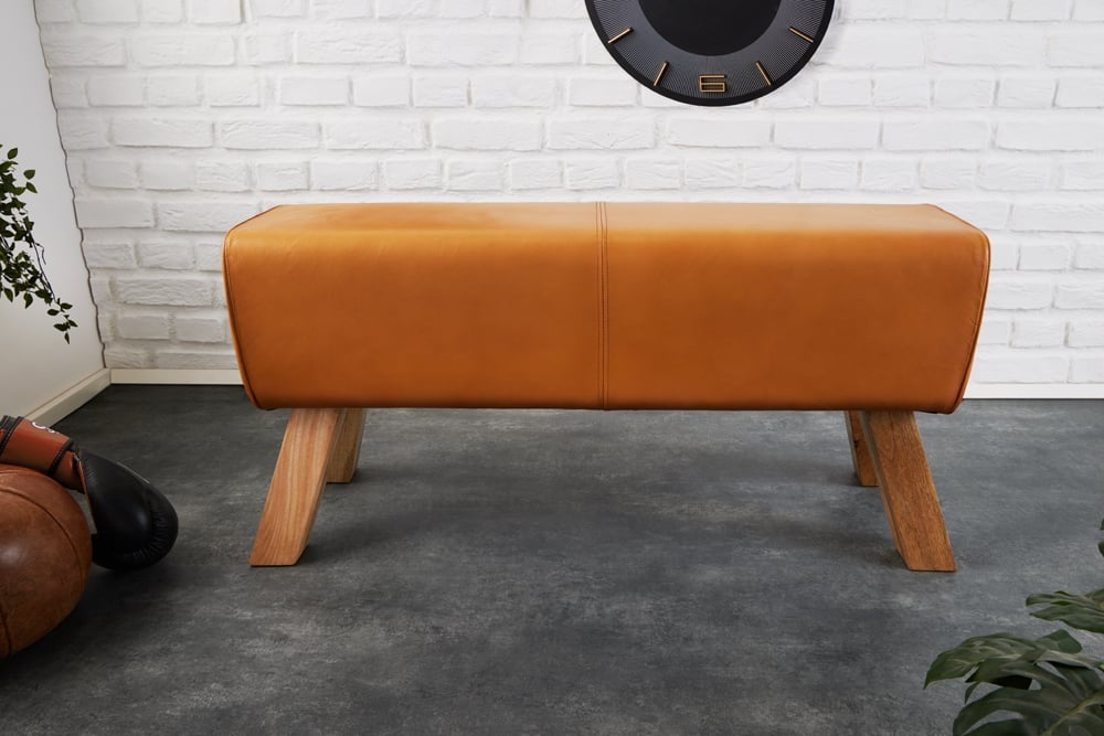 Canapé design TURNBOCK 100cm cuir véritable cognac tabouret rétro en manguier - 42698