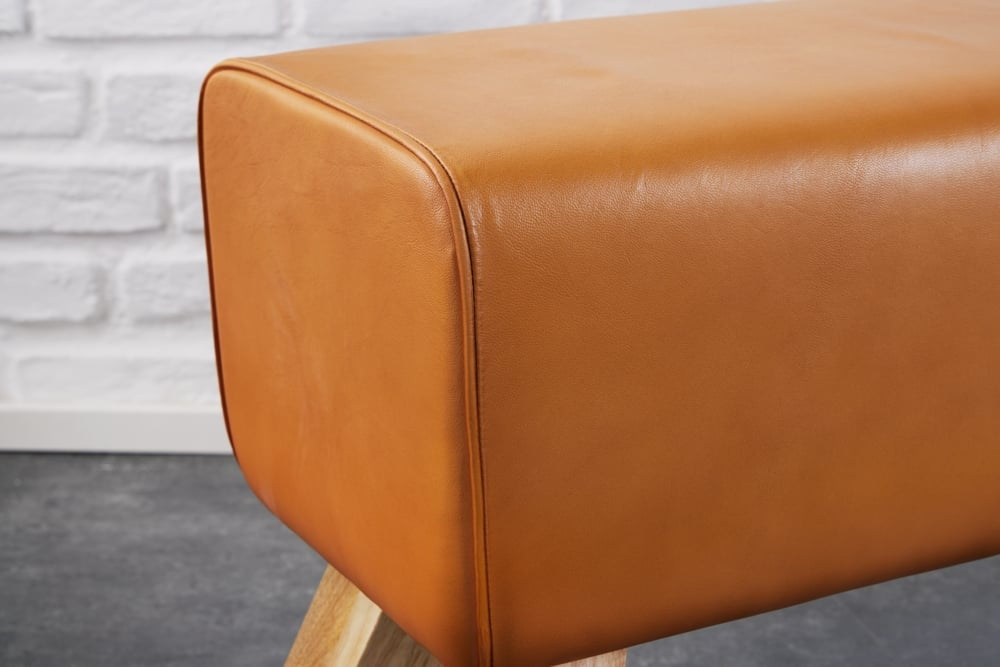 Canapé design TURNBOCK 100cm cuir véritable cognac tabouret rétro en manguier - 42698