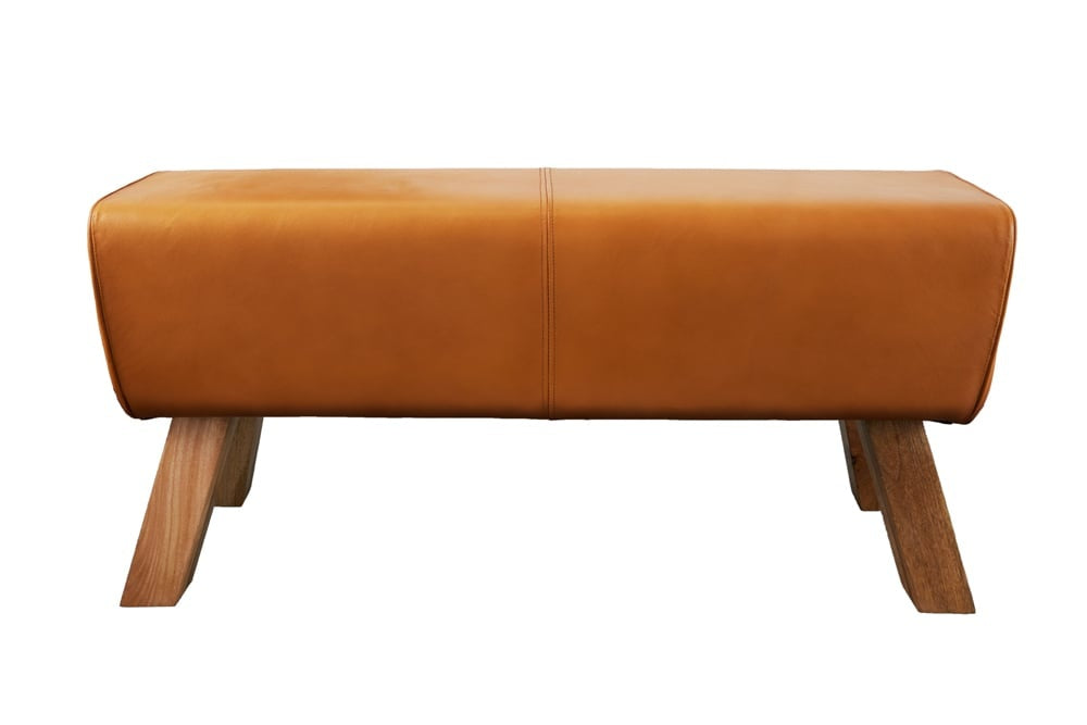 Canapé design TURNBOCK 100cm cuir véritable cognac tabouret rétro en manguier - 42698