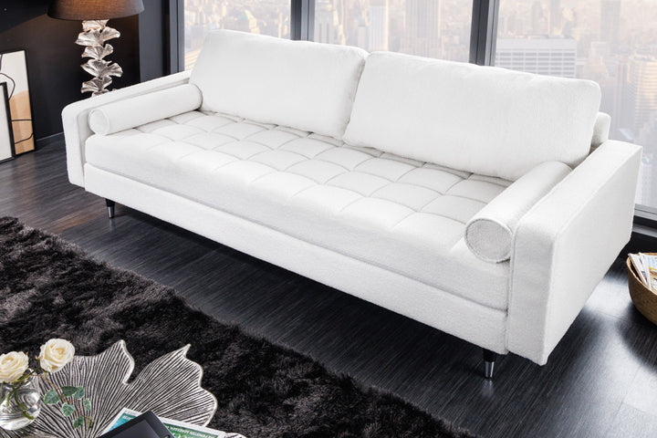 Canapé 3 places design COSY 220 cm blanc Canapé lounge rétro Boucle avec âme à ressorts et pieds noirs - 42703