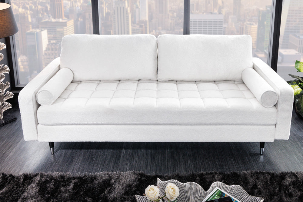 Canapé 3 places design COSY 220 cm blanc Canapé lounge rétro Boucle avec âme à ressorts et pieds noirs - 42703