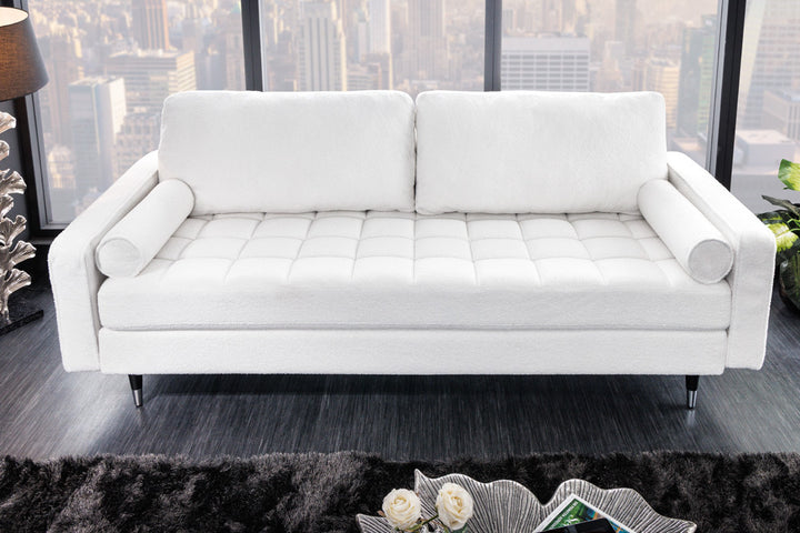 Canapé 3 places design COSY 220 cm blanc Canapé lounge rétro Boucle avec âme à ressorts et pieds noirs - 42703