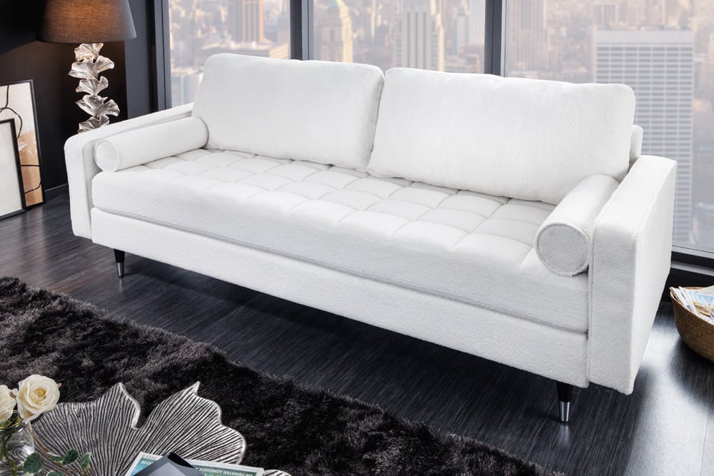 Canapé 3 places design COSY 220 cm blanc Canapé lounge rétro Boucle avec âme à ressorts et pieds noirs - 42703