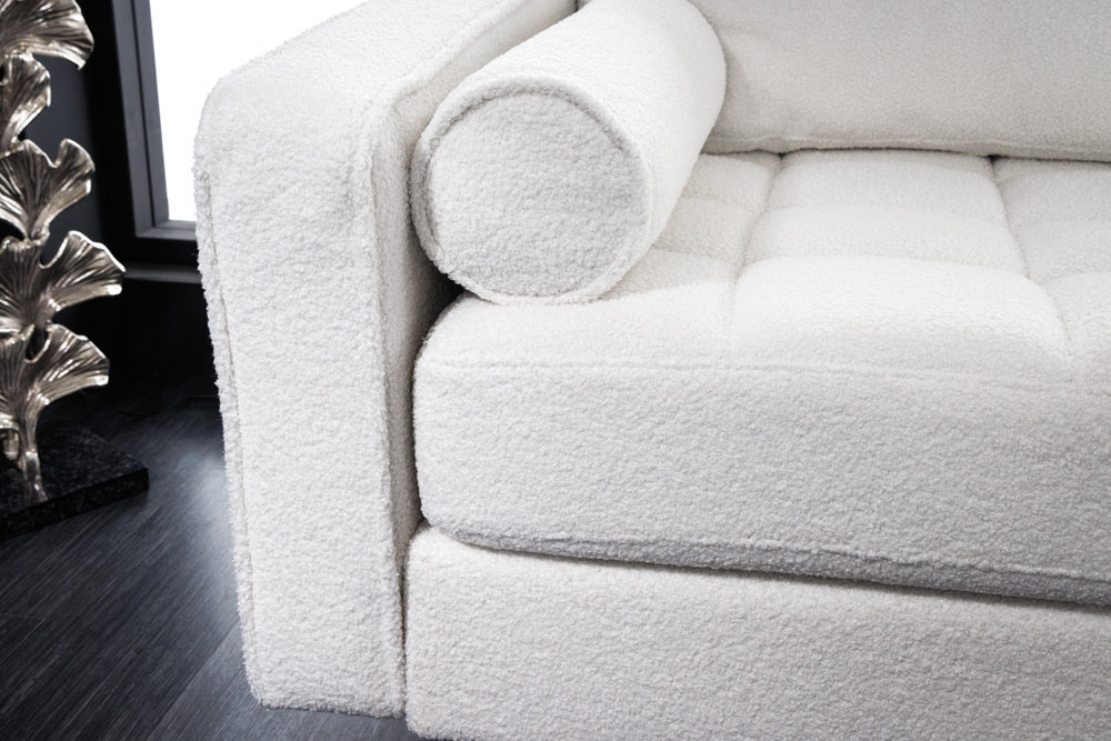 Canapé 3 places design COSY 220 cm blanc Canapé lounge rétro Boucle avec âme à ressorts et pieds noirs - 42703