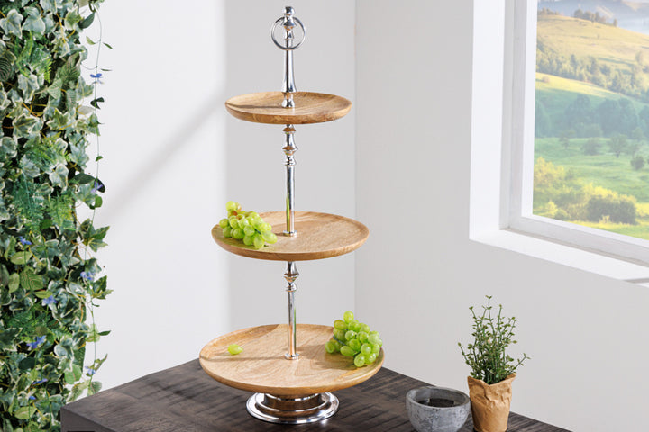 Assiette à gâteau décorative PURE NATURE 68cm argent bois de manguier fait main trois niveaux - 42734