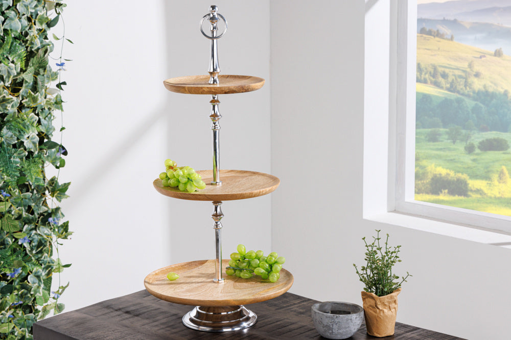 Assiette à gâteau décorative PURE NATURE 68cm argent bois de manguier fait main trois niveaux - 42734
