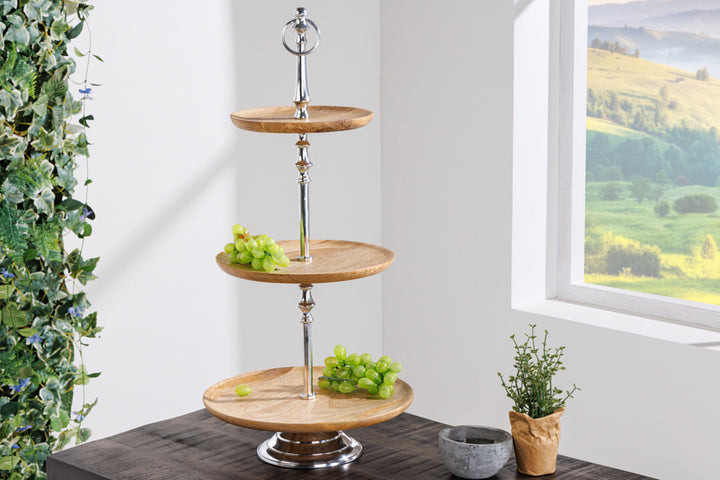 Assiette à gâteau décorative PURE NATURE 68cm argent bois de manguier fait main trois niveaux - 42734
