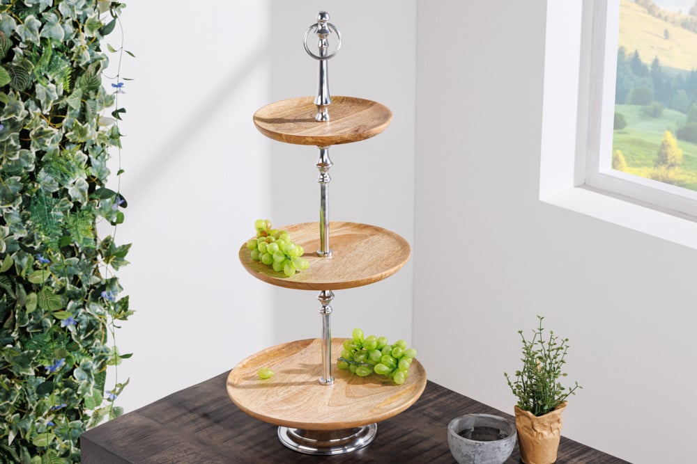 Assiette à gâteau décorative PURE NATURE 68cm argent bois de manguier fait main trois niveaux - 42734