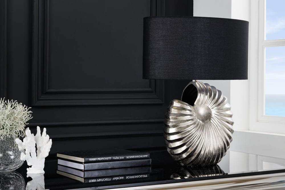 Lampe de table design SHELL 60cm métal argenté-noir abat-jour en tissu maritime - 42736